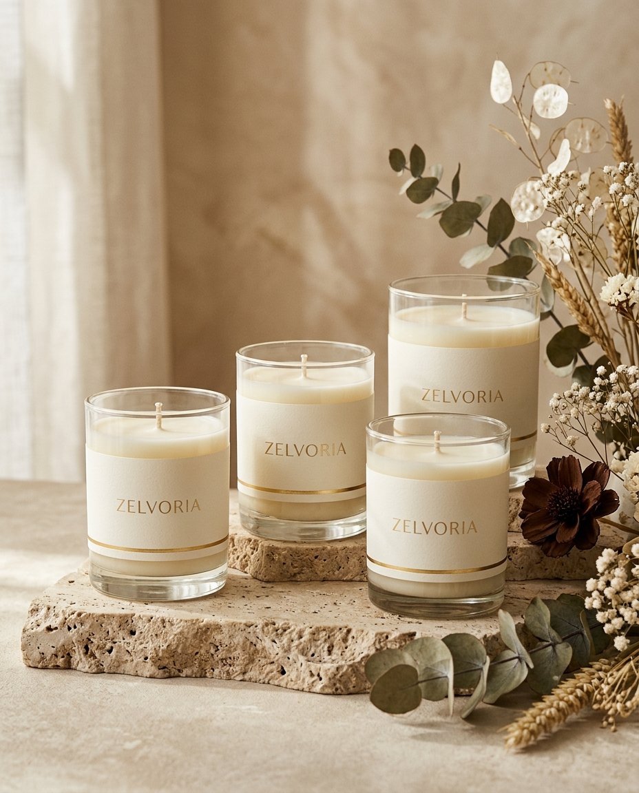The Zelvoria candle collection — glass jars with ivory labels and gold bands on travertine stone