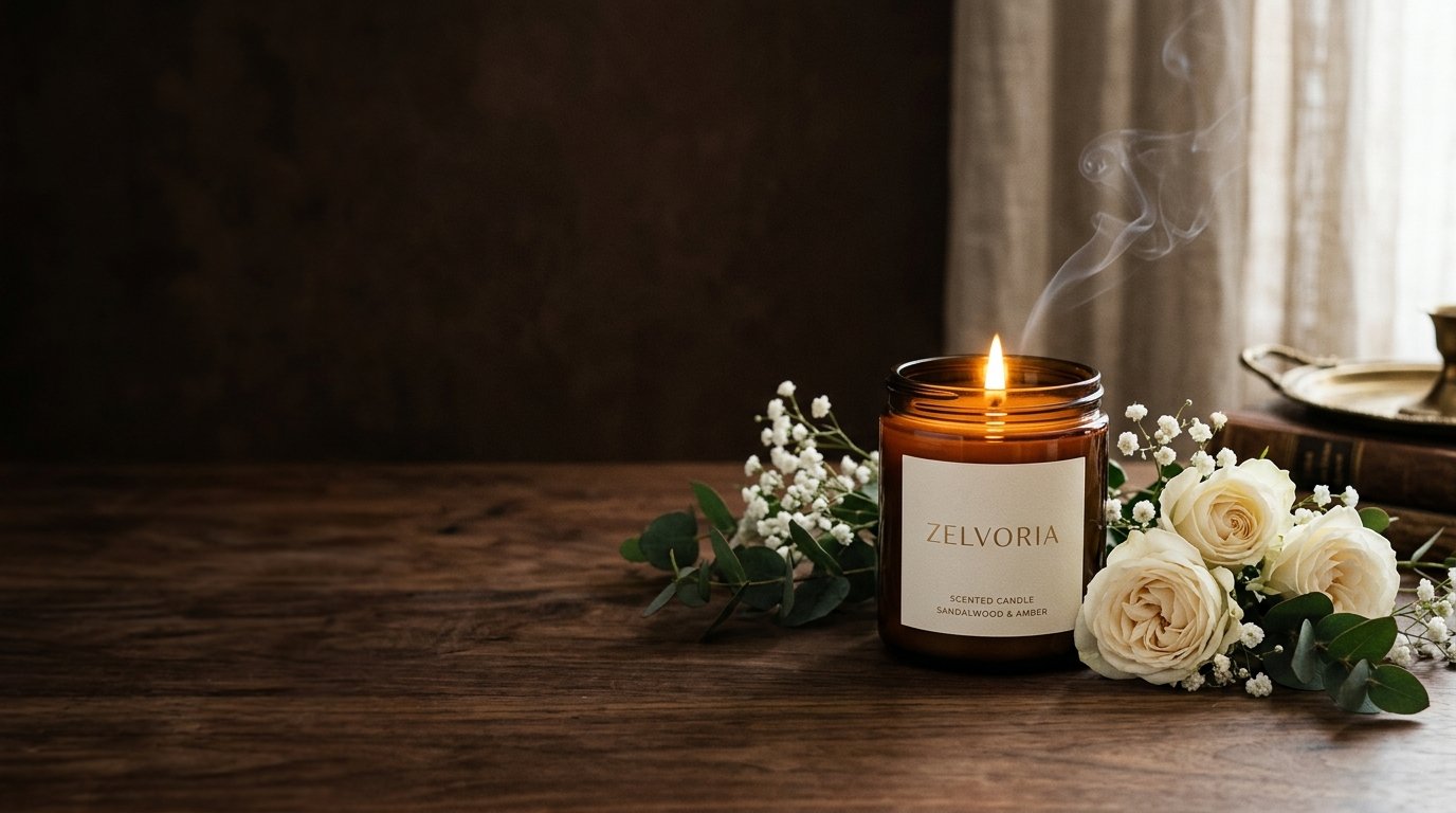 A lit Zelvoria candle in an amber glass jar beside cream roses on a dark walnut table