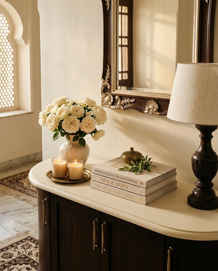 A cream Zelvoria interior with lit candles, garden roses and linen-bound books